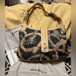 Salvatore Ferragamo Vintage EUC Denim Floral Gancini Leather Shoulder Bag
